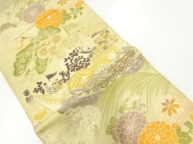 JAPANESE KIMONO / ANTIQUE MARU OBI / WOVEN CRANE & TREASURE SHIP